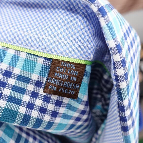 Tattersall London Shirt Mens XL 17-17.5 32/33 Blue Teal Plaid Button Front - Picture 7 of 8